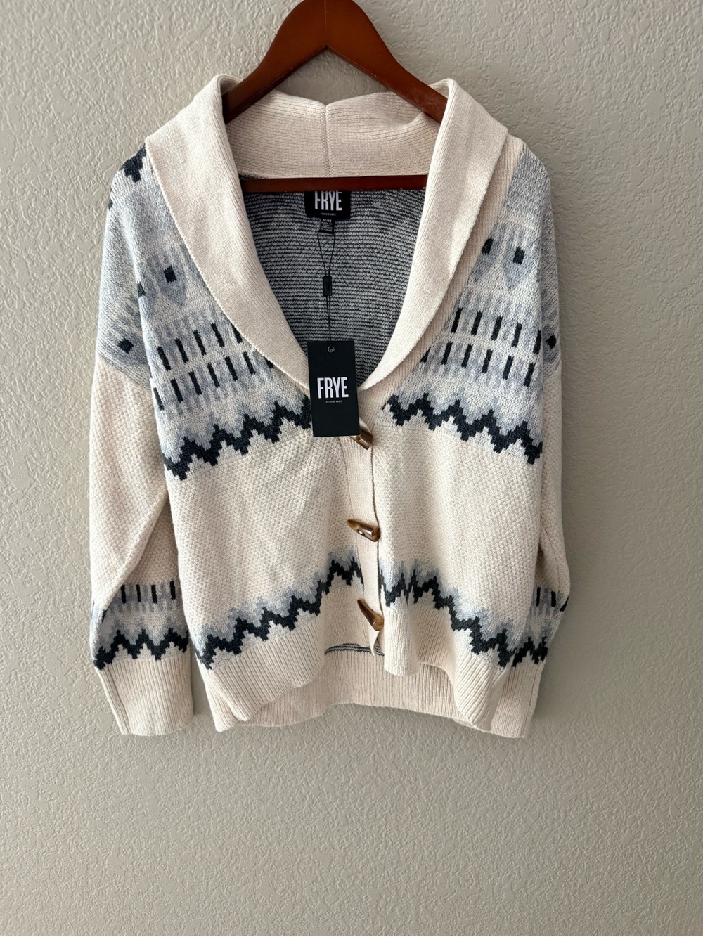 NWT FRYE Fair Isle Shawl Collar Toggle Cardigan Sweater Oatmeal M